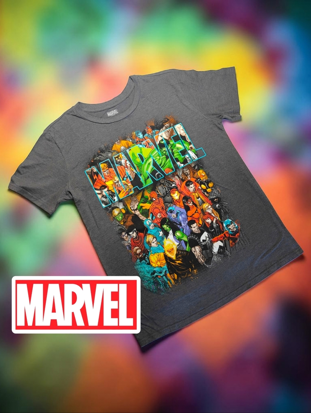 MARVEL Heather Gray Tee with Colorful Marvel Heroes Collage Print